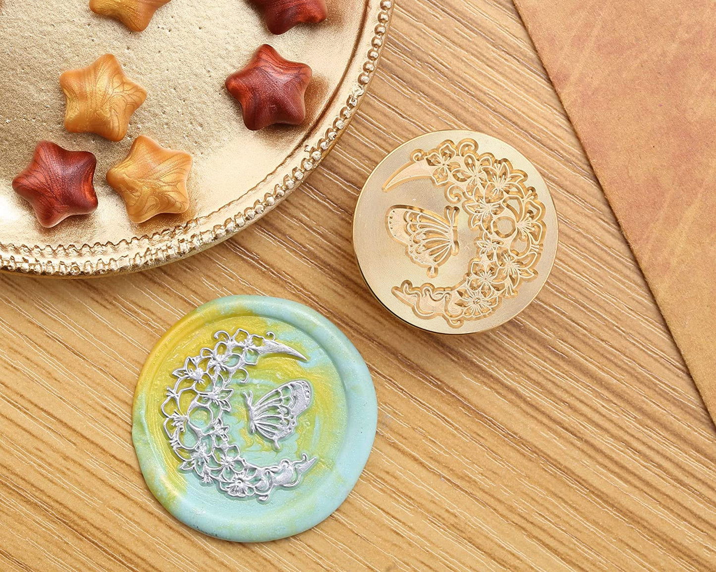 Flower and Butterfly wax seal, wooden head