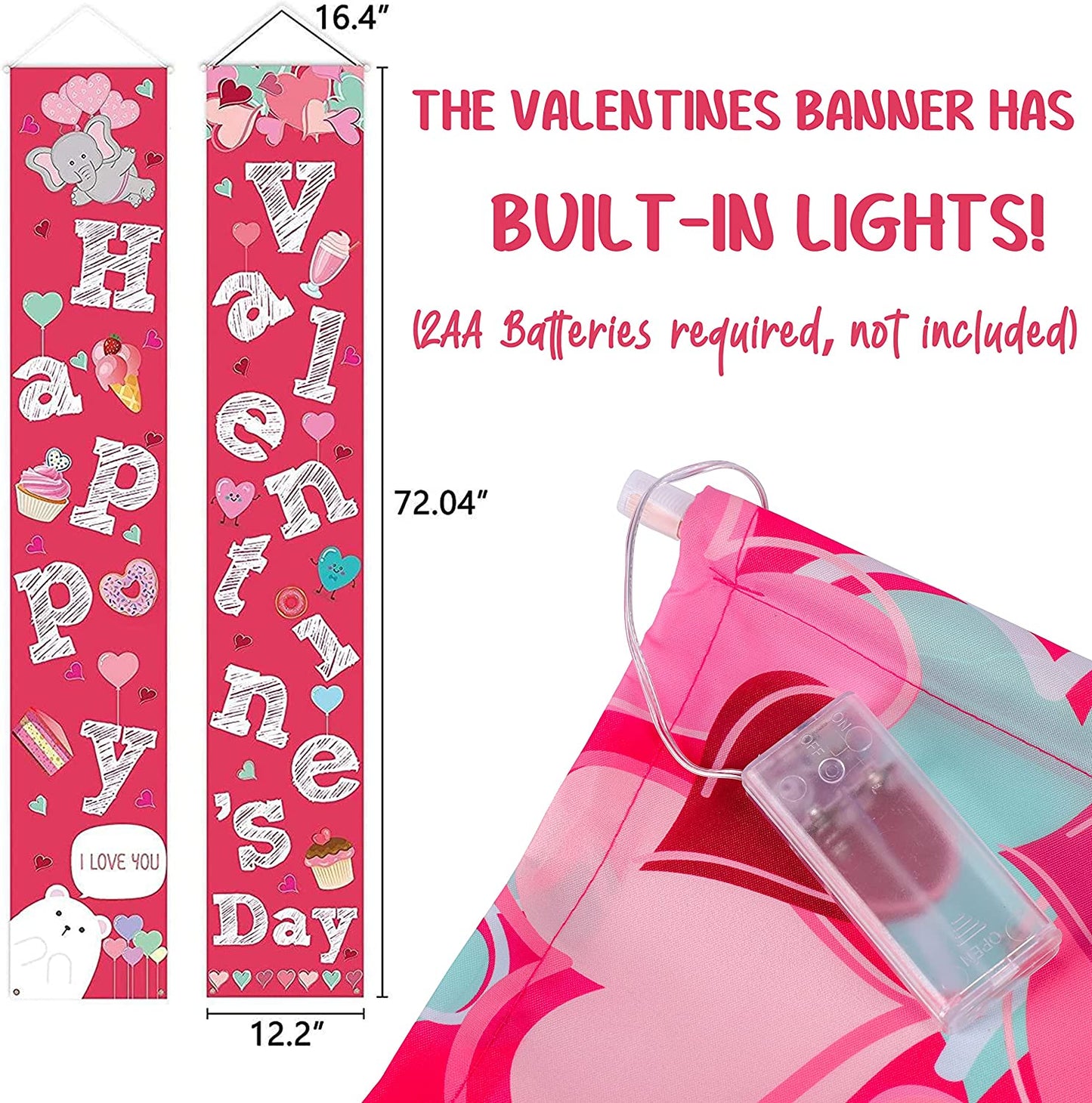 2PCS  Valentines Day Decorations Lighted Banners,12.2”x72.04"