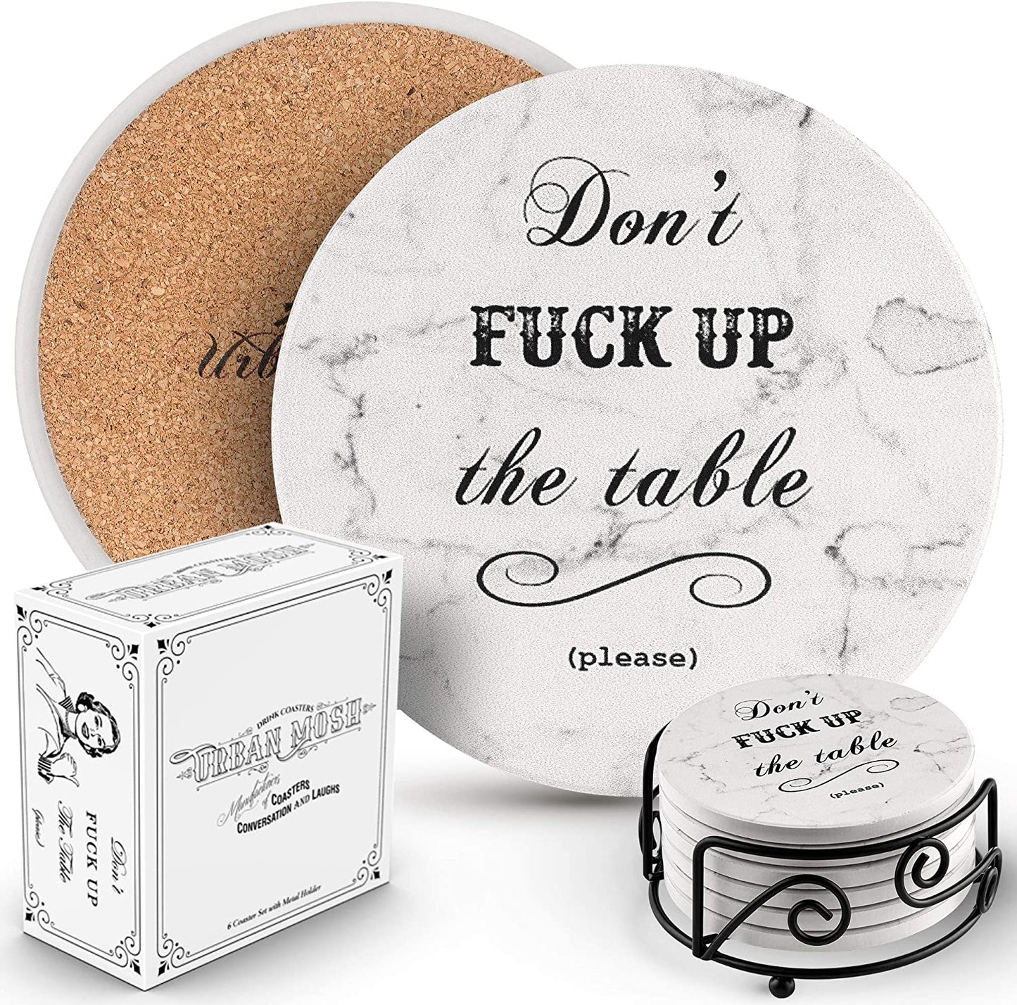 Set of 6 absorbent ceramic coasters with holder