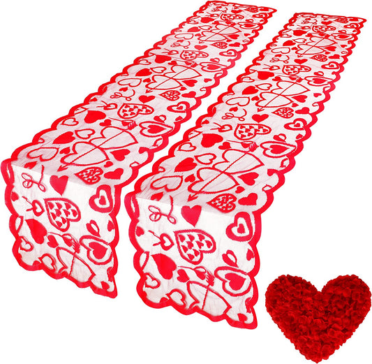 2 Linen Lace Table Runners for Valentine's Day 1000 Rose Petals