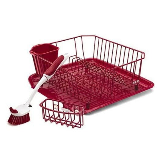 Dish Drainer, Drain Board, Sponge, and Kitchen Brush Set (Red)