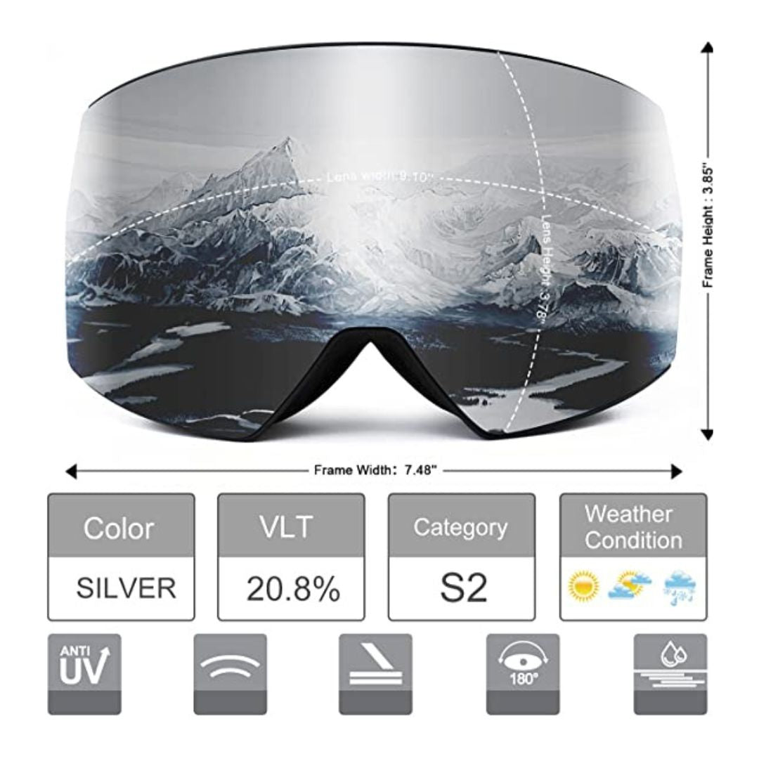 Ski goggles anti-fog protection, Colour: Silver & Black Frame