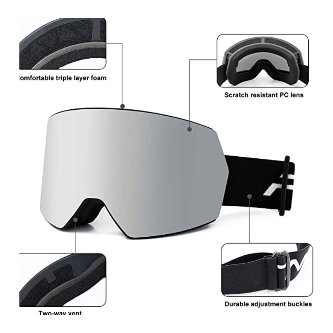 Ski goggles anti-fog protection, Colour: Silver & Black Frame