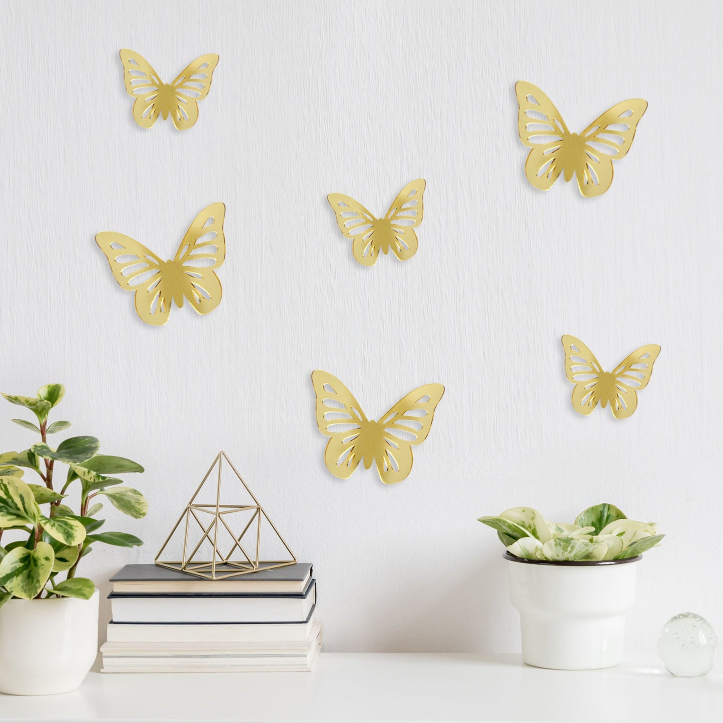 6 gold 3D butterfly wall mirror stickers