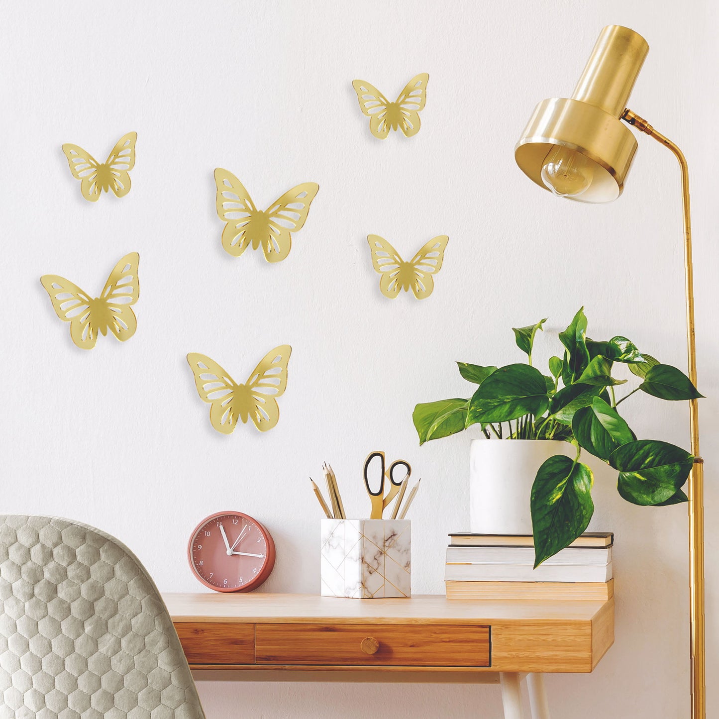 6 gold 3D butterfly wall mirror stickers