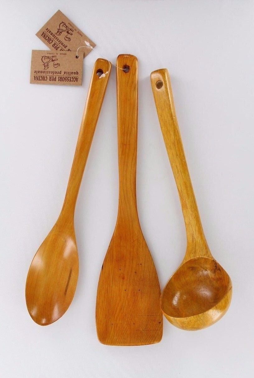 3 piece wooden utensil set, spoon, spatula, ladle.