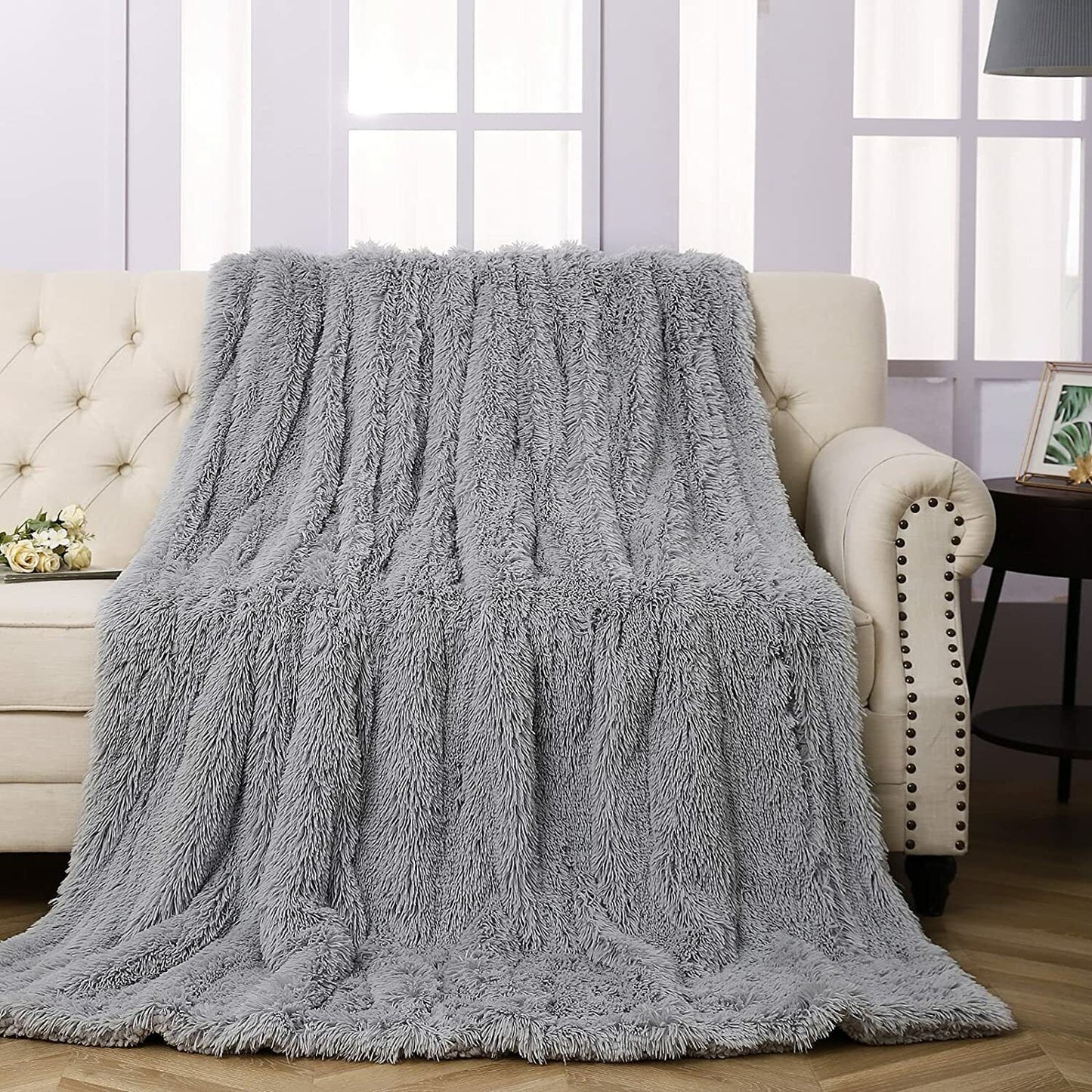 Reversible Faux Fur Throw Blanket for Bed Sofa,Gray 50" x 60"