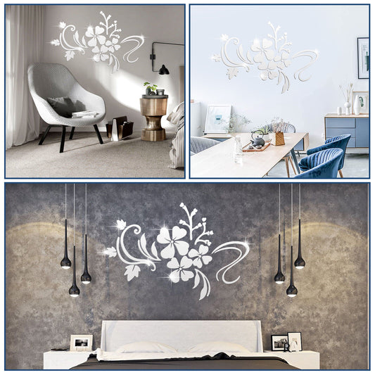 Acrylic 3D Flower Mirror Wall Sticker Home Decor, Silver