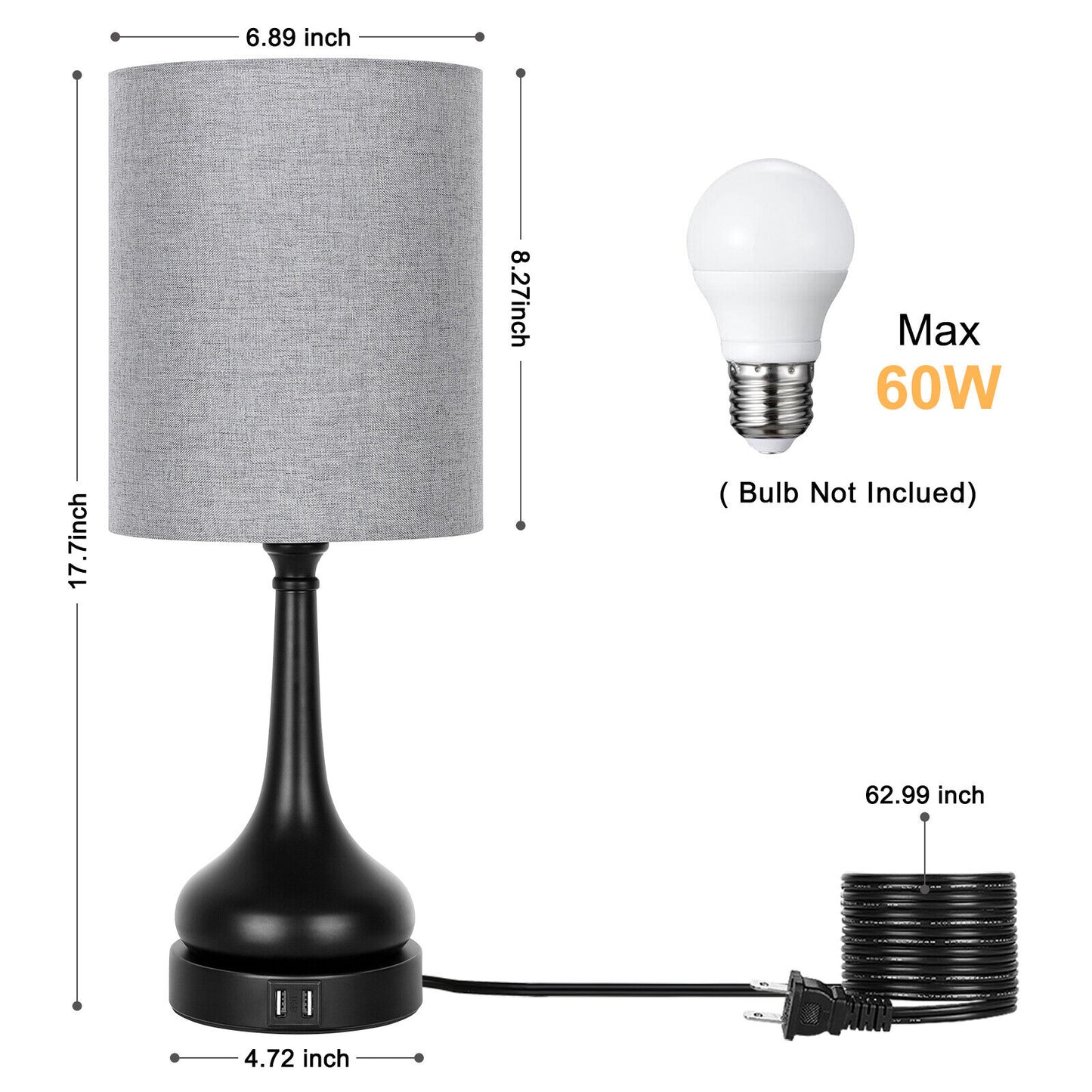 Set of 2 lamps with touch control and 2 USB charging ports