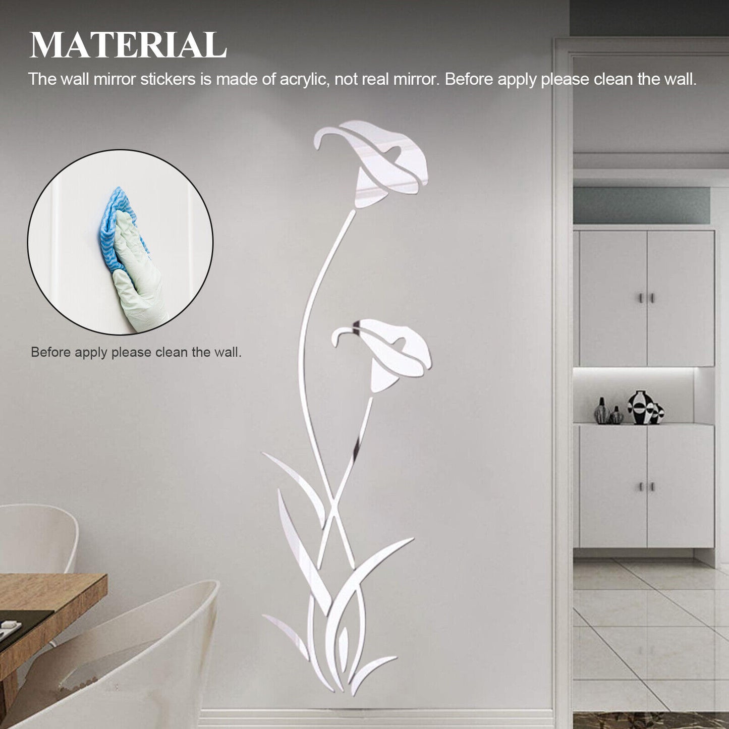 3D Flower Decal, Wall Art Home Decor (Silver)