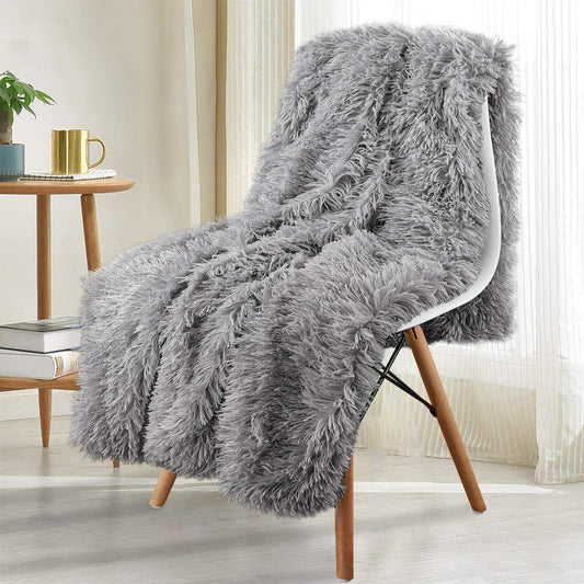 Reversible Faux Fur Throw Blanket for Bed Sofa,Gray 50" x 60"