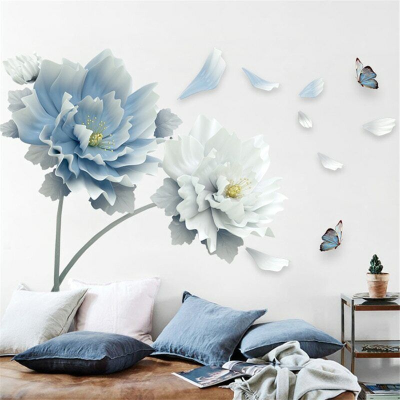 3D Wall Stickers Butterflies and Lotus Flower Home Decor Blue