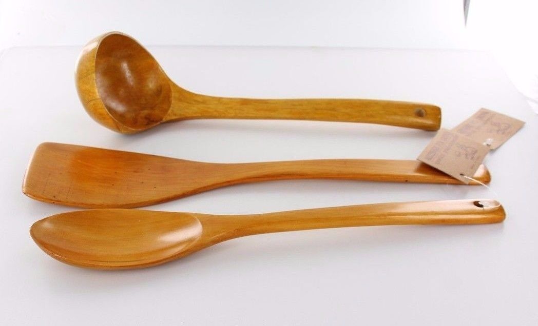 3 piece wooden utensil set, spoon, spatula, ladle.