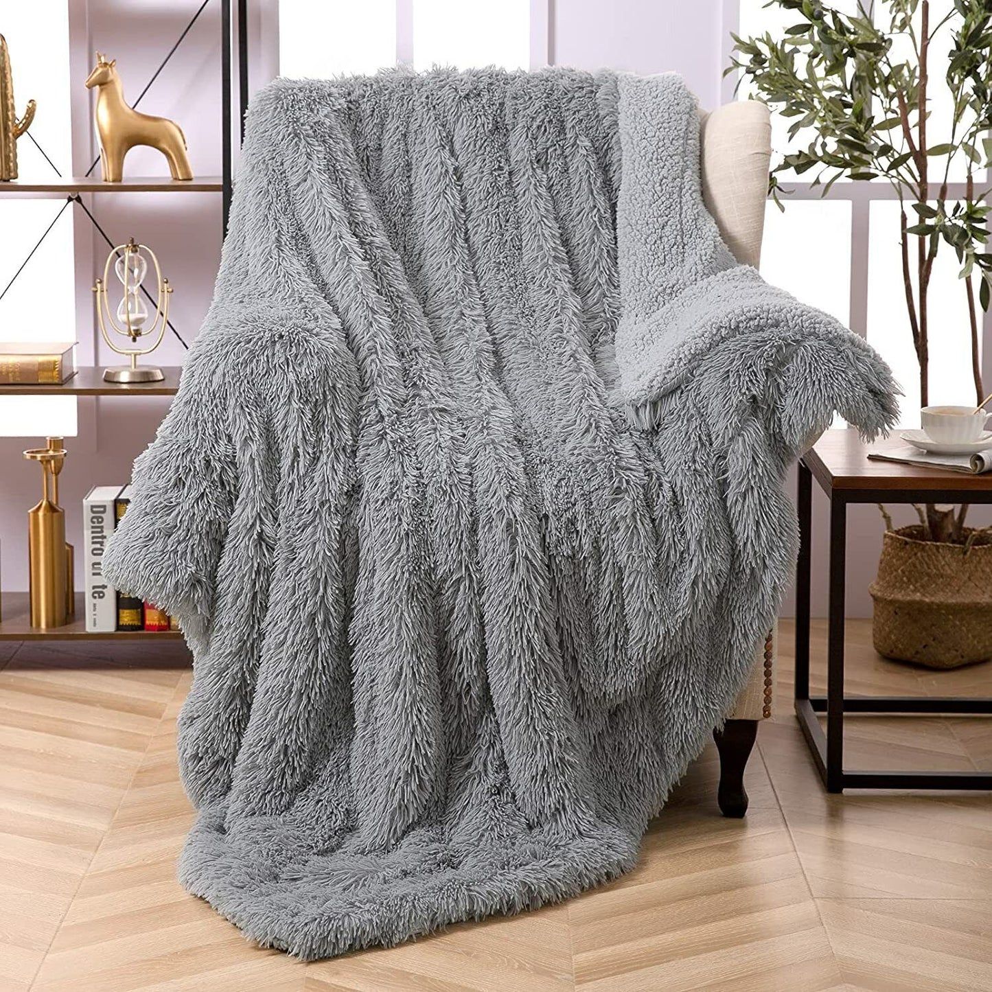 Reversible Faux Fur Throw Blanket for Bed Sofa,Gray 50" x 60"