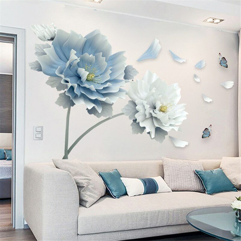 3D Wall Stickers Butterflies and Lotus Flower Home Decor Blue