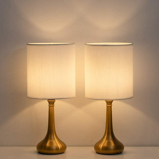 Set of 2 bedside lamps, white and metal lampshade