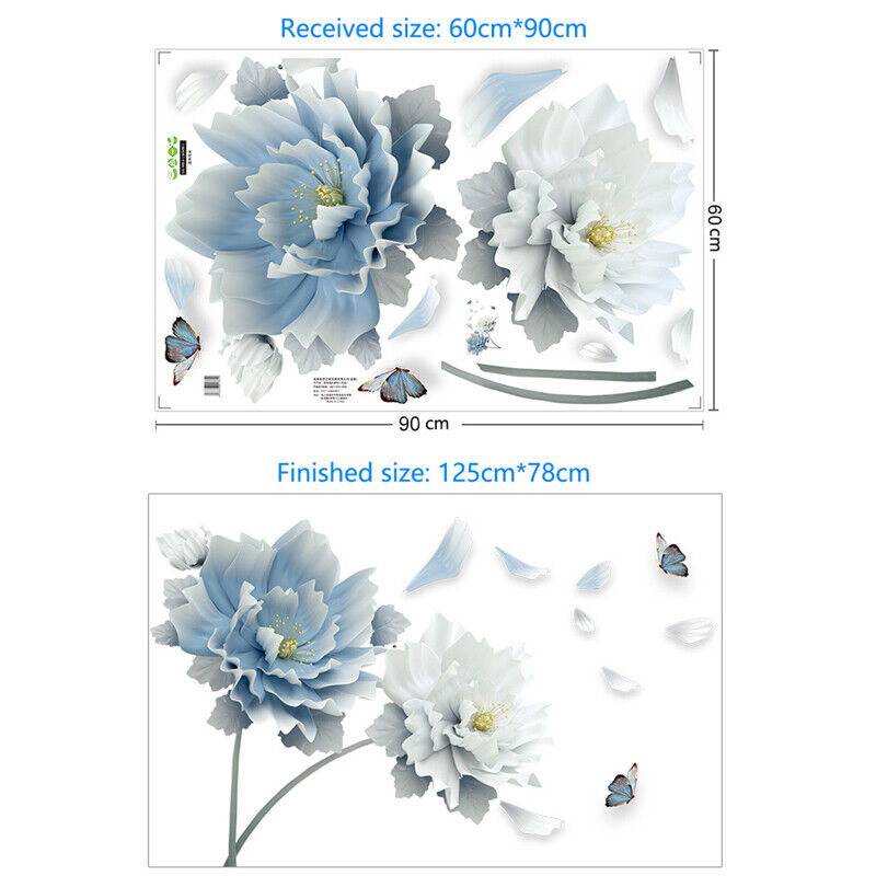 3D Wall Stickers Butterflies and Lotus Flower Home Decor Blue